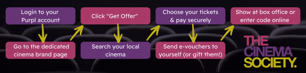 Step by step guide on how to redeem discounted cinema e-vouchers from The Cinema Society via your Purpl account, including logging in, selecting an offer, choosing a cinema, sending tickets, and showing the code at checkout for disabled cinema ticket deals UK.