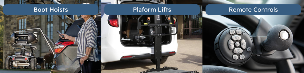 Adapted driving aids including mobility scooter boot hoists, platform wheelchair lifts, and disabled vehicle remote controls – ideal for Motability drivers in the UK.