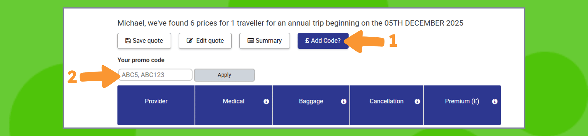 Screenshot showing where to add and apply a promo code on the FISH travel insurance quote page, with arrows highlighting the Add Code button and the code entry box.