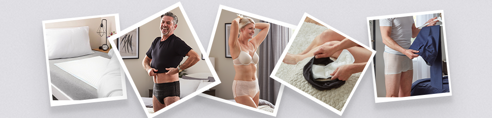 Adults confidently managing incontinence at home using protective underwear, pads, and bedding from Vivactive – supporting independent living and mobility needs.