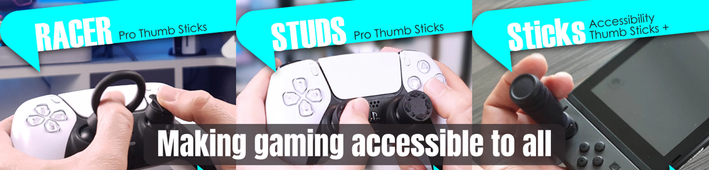 Accessible gaming thumb sticks for PlayStation and Nintendo Switch, shown in use with adaptive grips to improve control. Inclusive tech for disabled gamers. Accessible Gaming Gear and Disabled Gaming Accessories UK.