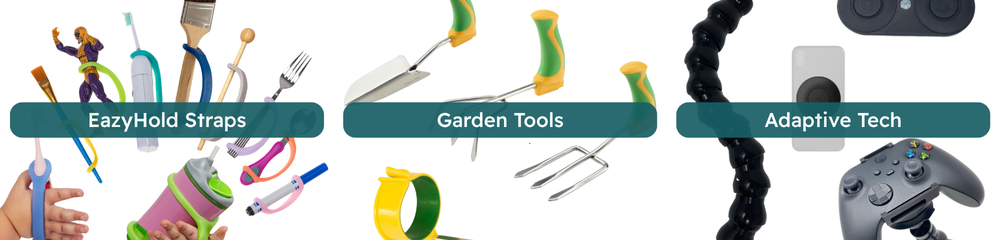 A range of disability-friendly tools including EazyHold straps for grip support, ergonomic garden tools with wide handles, and adaptive tech like wheelchair mounts and accessible gaming controllers, showcasing practical everyday aids designed to empower disabled people through mobility discounts and accessible living solutions.