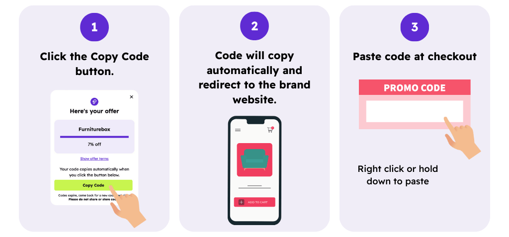 Step by step guide showing how to use a Purpl discount code, designed to support people with disabilities and long term health conditions with everyday savings. It shows clicking Copy Code, being redirected to the brand website, and pasting the promo code at checkout.