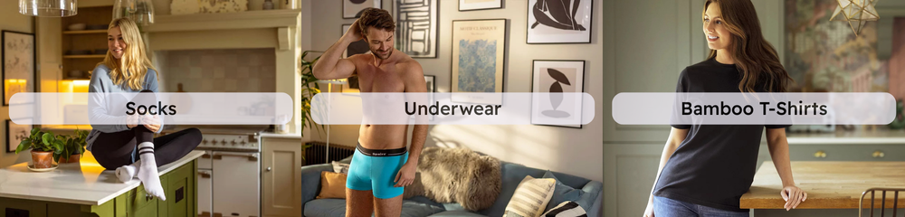 Spairs banner showing bamboo socks, men’s underwear, and women’s bamboo T-shirt, highlighting sustainable clothing discounts for disabled people, eco-friendly fashion offers, and Purpl exclusive deals."