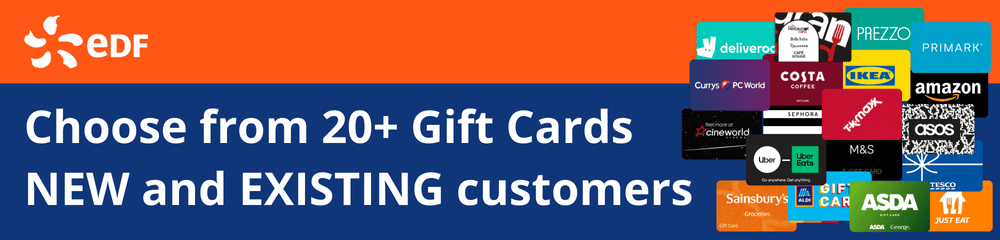 EDF banner showing a range of over 20 gift cards available for new and existing customers, featuring popular retailers and highlighting energy savings and Shopping Discounts for Disabled People in the UK.