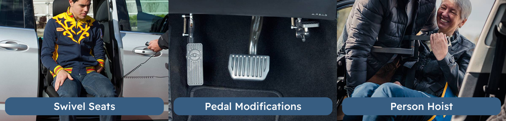 Car accessibility options for disabled people including swivel seats, pedal modifications and person hoists – mobility discounts and UK vehicle adaptations available.